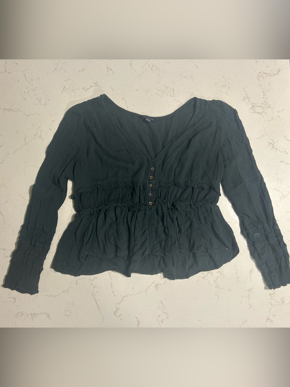 American Eagle Outfitters Black Long-Sleeve Ruffle Peplum Top